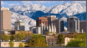 The Salt Lake City skyline with Wasatch Mountains in the back drop